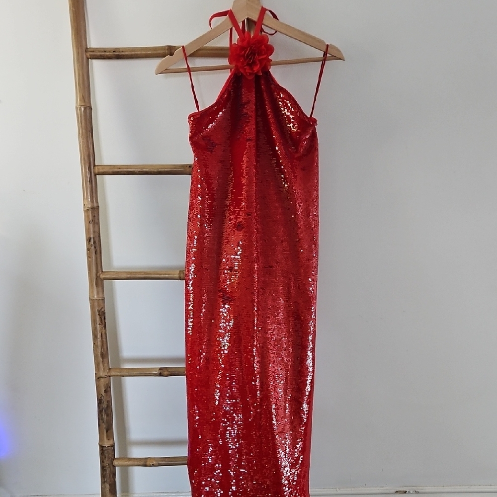 Red Sequin Halter Dress